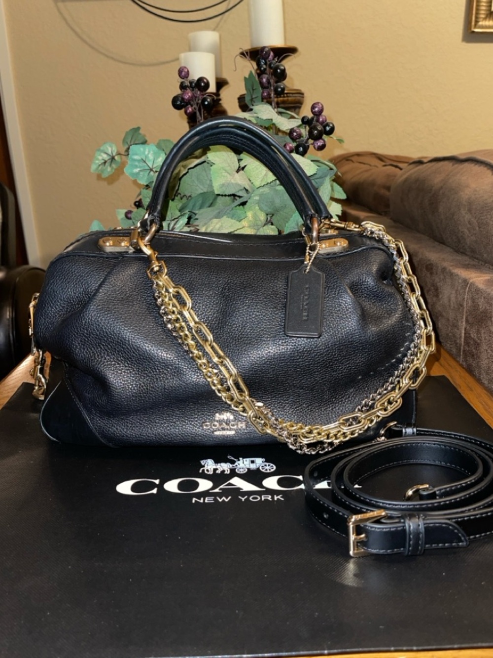 Coach Lane Leather Satchel with Gold Chain Accents